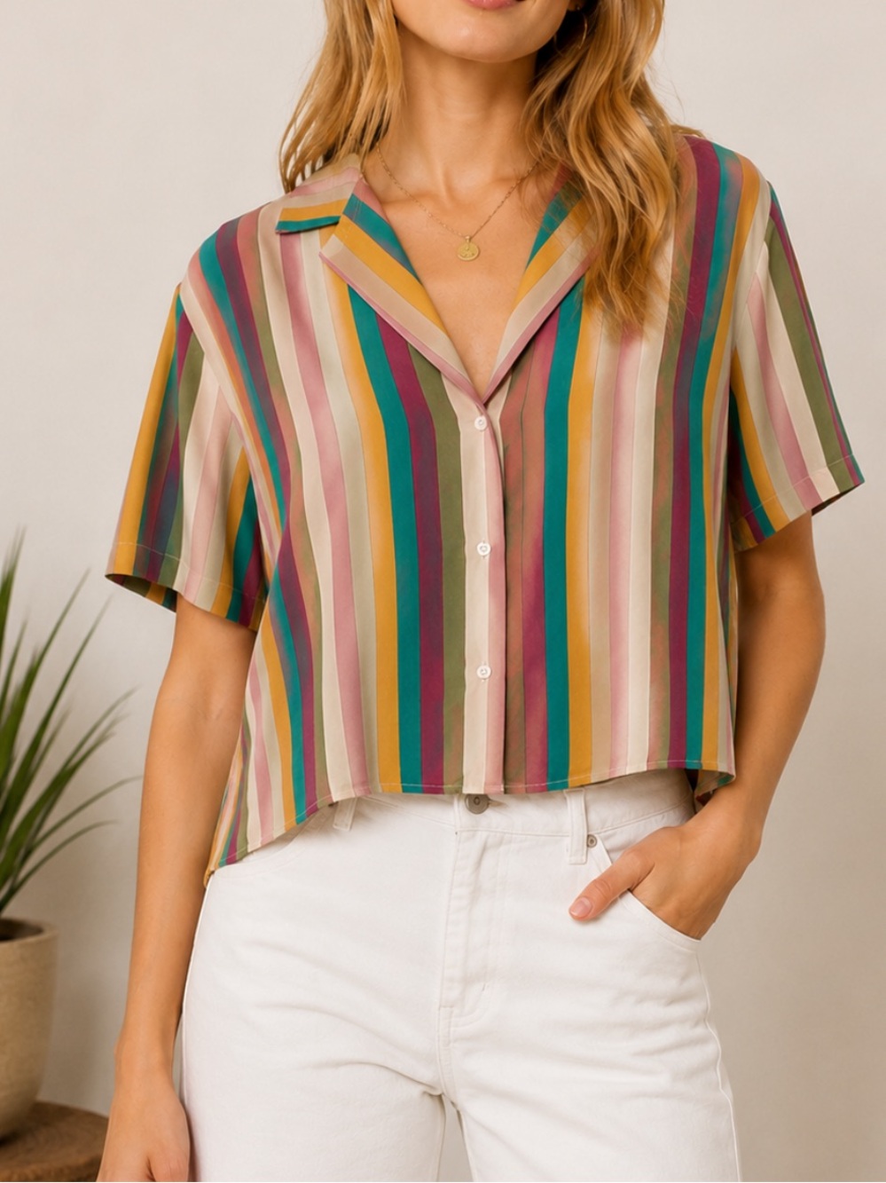 Rails Maui Farrah Stripe 100% Silk Button Front Shirt XS Colorful Stripe Blouse